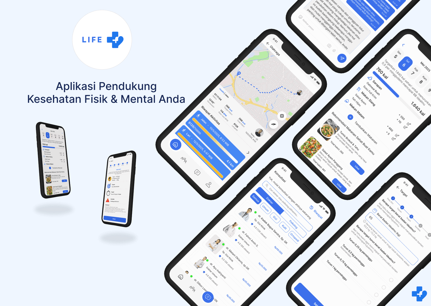 Mockup antarmuka aplikasi mobile kesehatan LIFE+